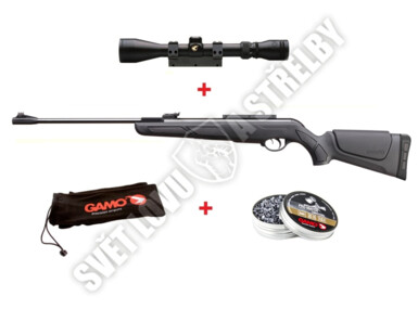 Výhodný set obsahuje: Vzduchovku Gamo Shadow DX cal. 4.5mm, puškohled Gamo 4x32, balení 250ks Gamo diabolek a Gamo ochranný návlek na zbraň.